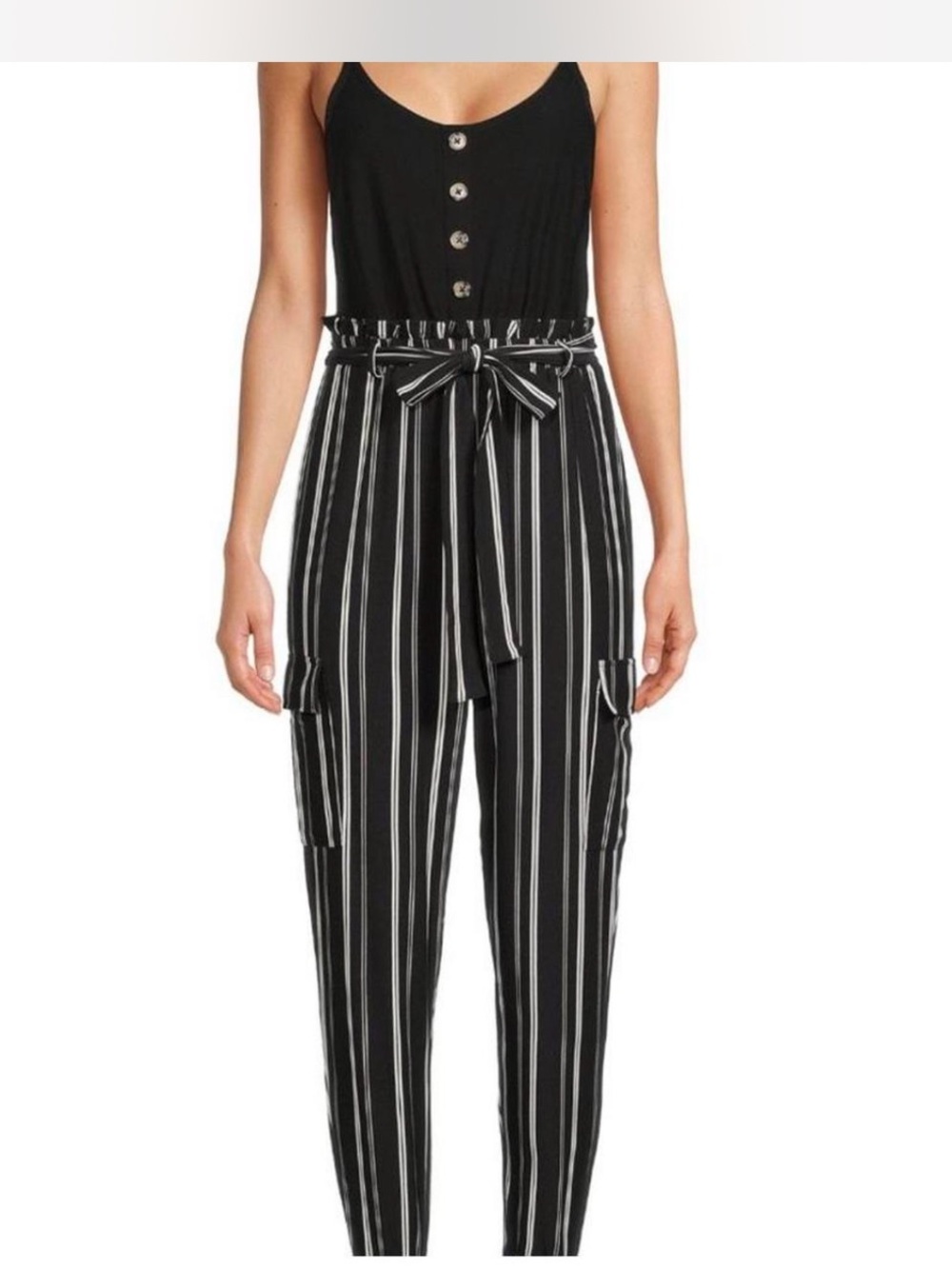 No Boundaries Black & White Striped Paperbag Waist Jumpsuit Pants